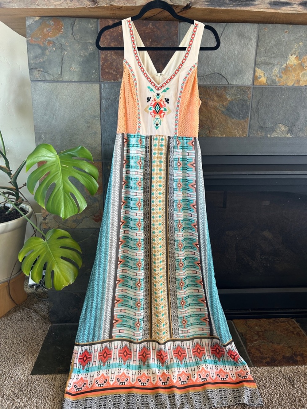 Flying Tomato Peach & Turquoise Embroidered Maxi Dress